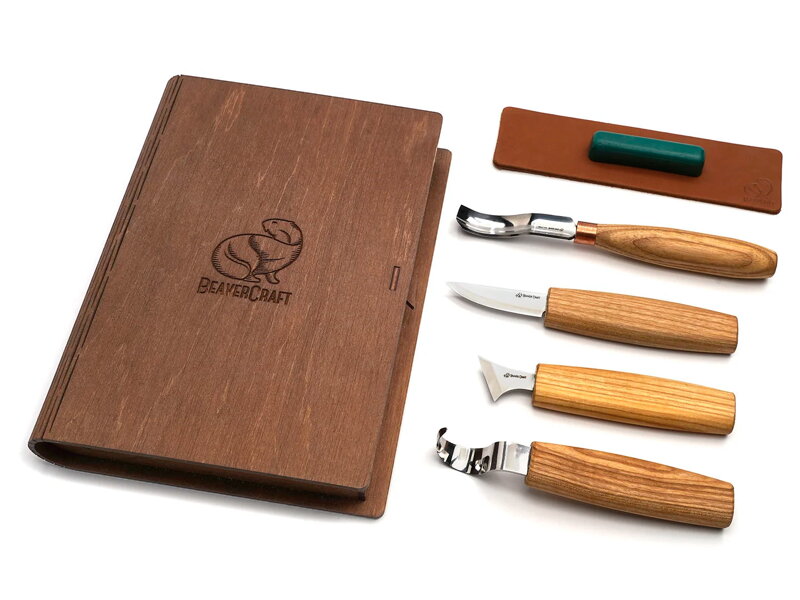 Rezbárske náradie - sada BeaverCraft S19book, na vyrezávanie, 4 nože + brúsenie